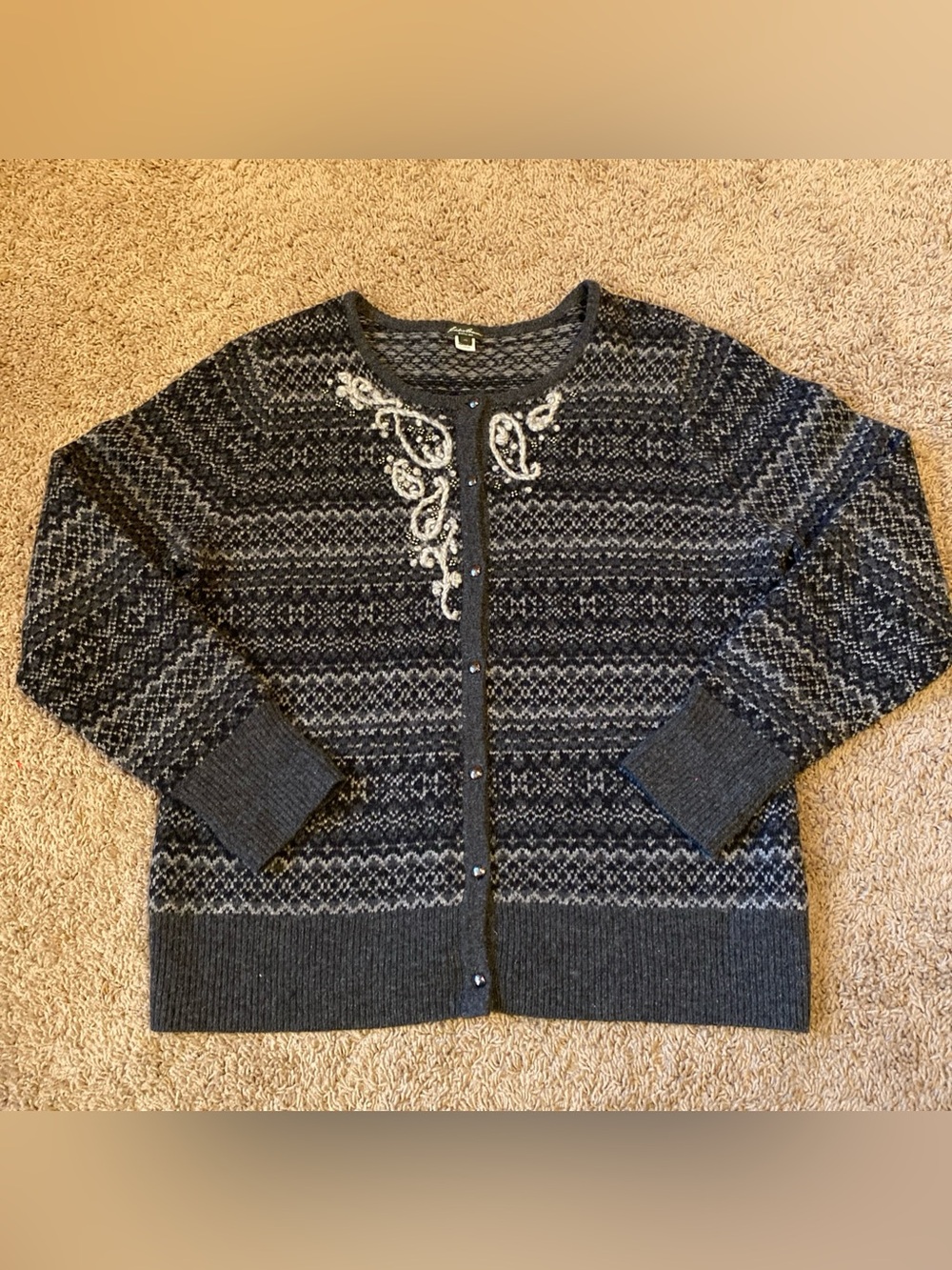 Eddie Bauer Cashmere Wool Blend Cardigan Sweater Womens XL Fair Isle Embellished